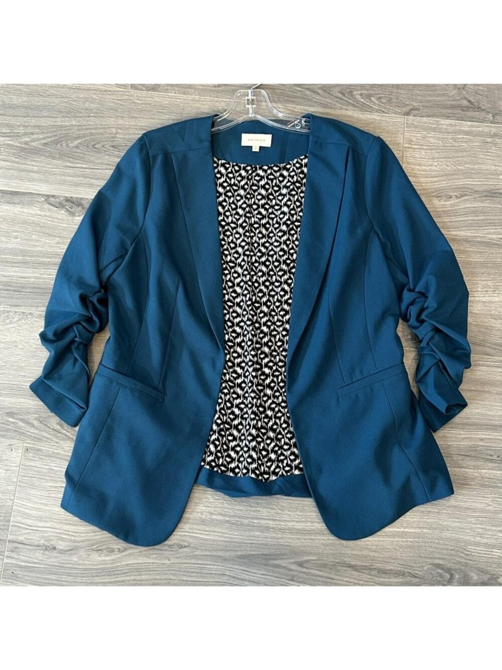 Skies Are Blue Blazer Womens M Teal Raja Open Front Ruched Sleeve Lined Jacket